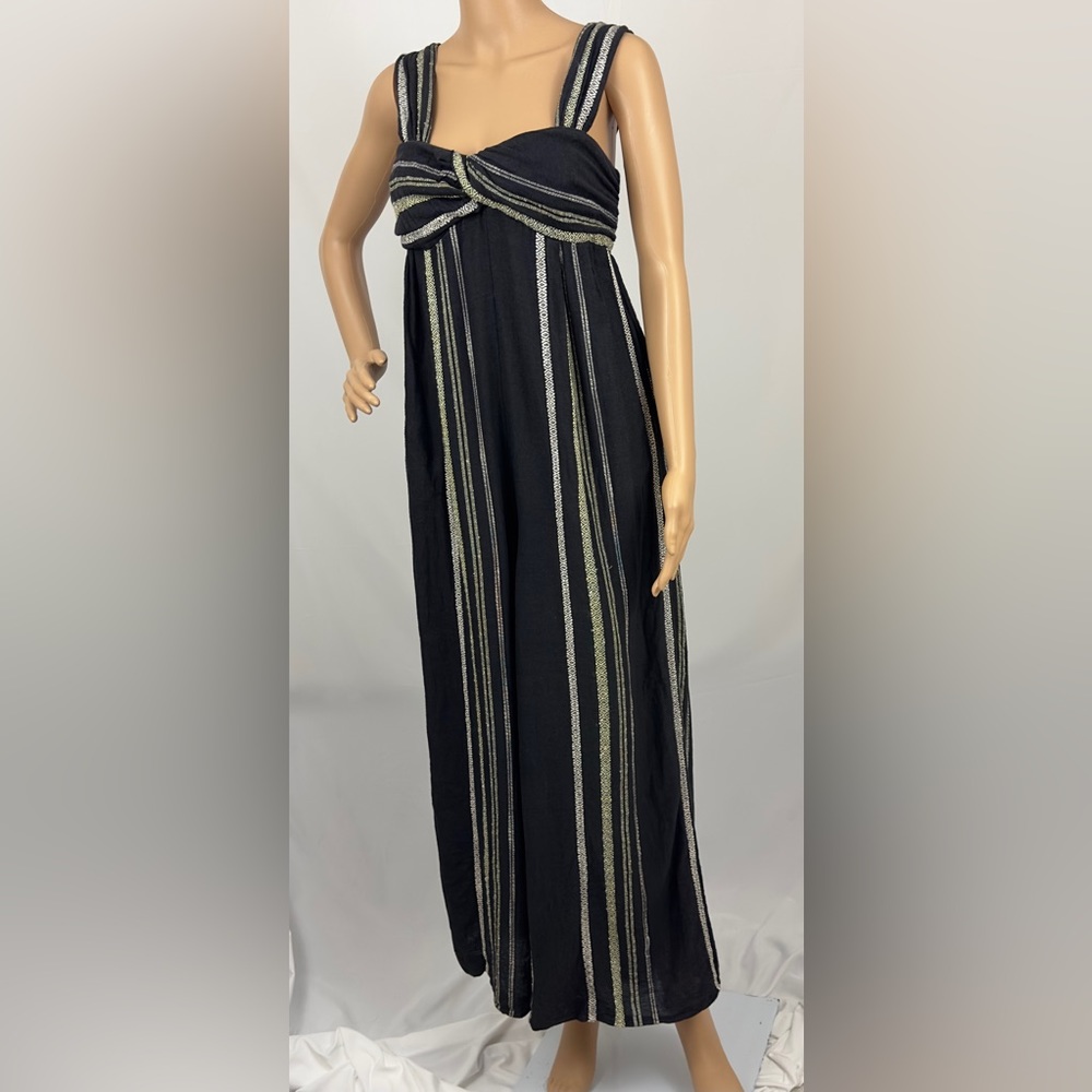 FREE PEOPLE BLACK STRIPED JUMPSUIT WIDE LEGS POCKETS TWIST FRONT SHIRRED… - Picture 6 of 10